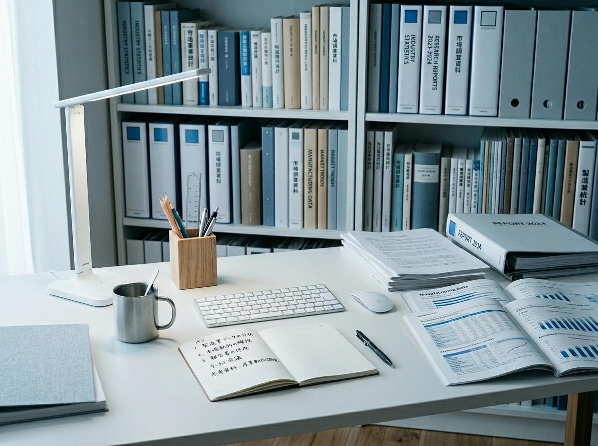 編集デスクの書架と資料